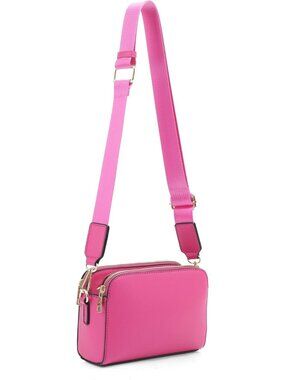 Women's Fuchsia Trendy Triple Zip Small Crossbody Bag Purse with Guitar Strap